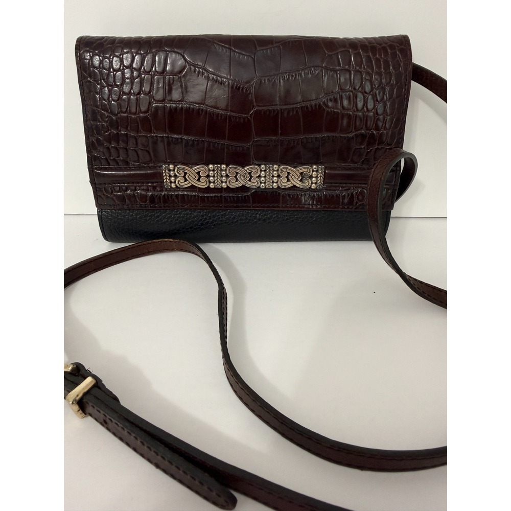 Brighton Black Brown Croc Embossed Leather Crossbody Organizer Bag Clutch